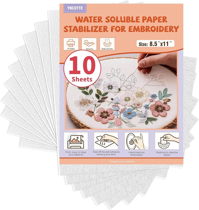 Yncotte Embroidery Paper Wash Away 8.5x11 Inch, 10 Sheets Dissolvable Embroidery Stabilizer Printable Sticky Embroidery Paper Stabilizer Allowed for Sewing Hand & Machine Embroidery - Image 1